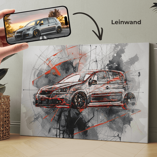 Abstraktes Auto-Wandbild auf Leinwand: schwarzer Sportwagen mit roten Spritzakzenten