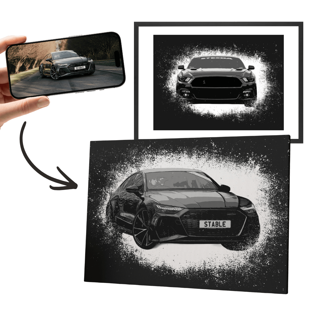 Personalisiertes Auto-Sketch-Wandbild mit Frontansicht im Schwarz-Weiß-Stil