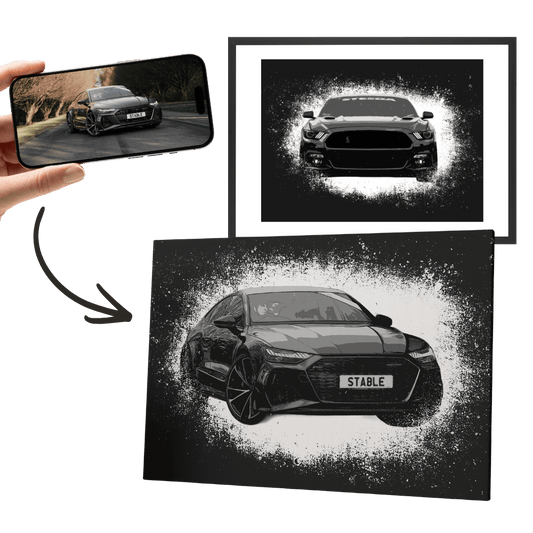 Personalisiertes Auto-Sketch-Wandbild mit Frontansicht im Schwarz-Weiß-Stil