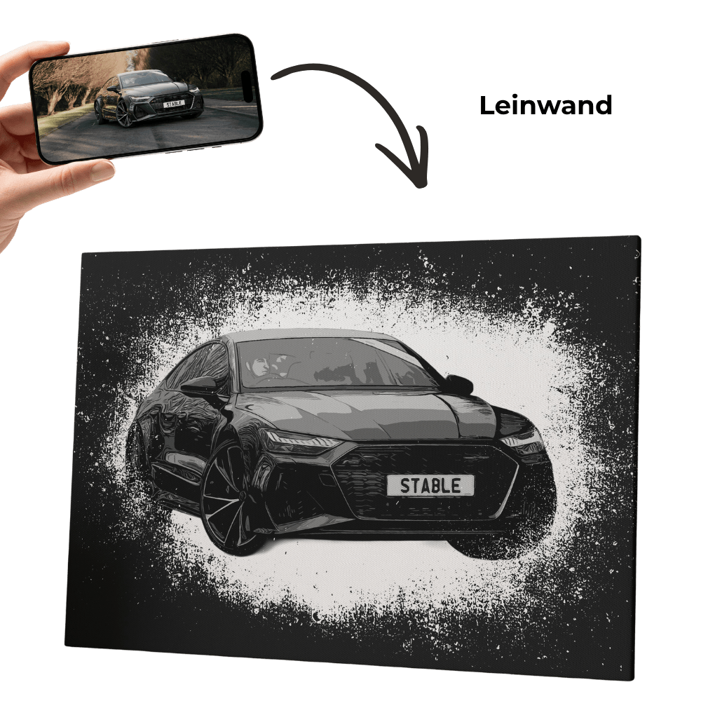 Personalisiertes Auto-Sketch-Wandbild, Frontansicht mit Sprayeffekt im Schwarz-Weiß-Stil