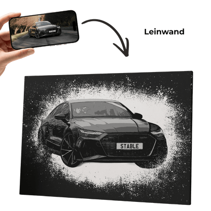 Personalisiertes Auto-Sketch-Wandbild, Frontansicht mit Sprayeffekt im Schwarz-Weiß-Stil