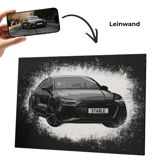 Personalisiertes Auto-Sketch-Wandbild, Frontansicht mit Sprayeffekt im Schwarz-Weiß-Stil