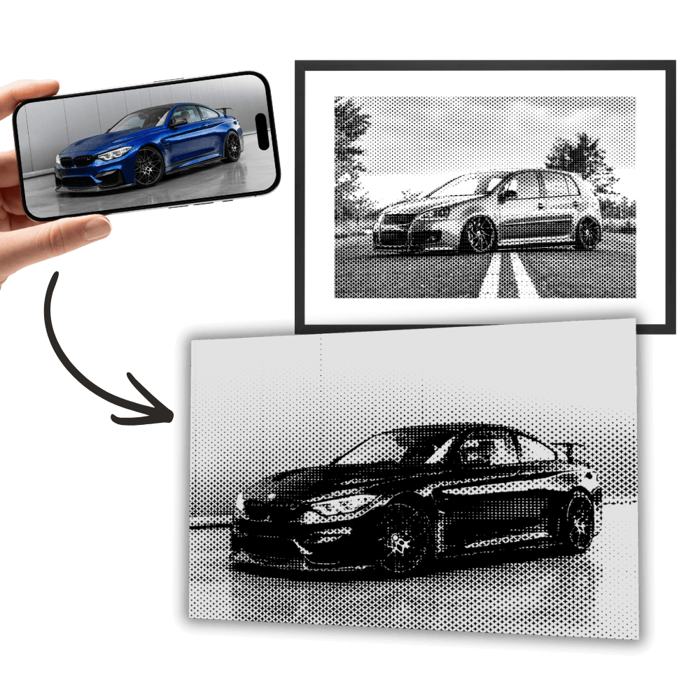 Personalisiertes Wandbild mit Schwarzweiß-Automotiv, zwei gerahmte Motive