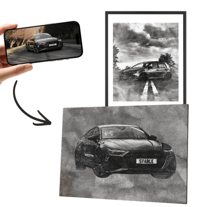 Wandbild mit gezeichnetem Auto in Schwarzweiß, im Rahmen