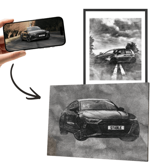 Wandbild mit gezeichnetem Auto in Schwarzweiß, im Rahmen