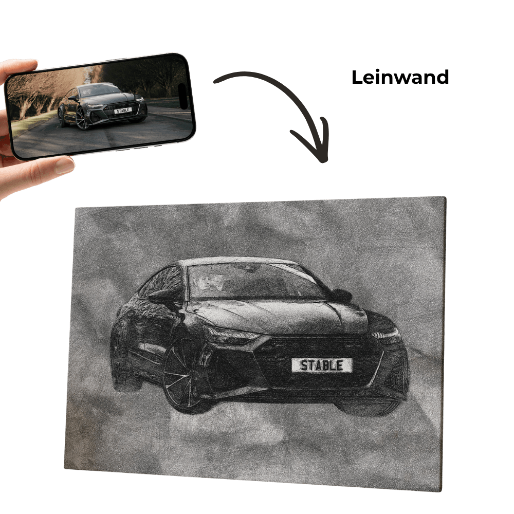 Leinwand-Wandbild mit gezeichnetem Auto in Schwarzweiß