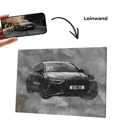 Leinwand-Wandbild mit gezeichnetem Auto in Schwarzweiß