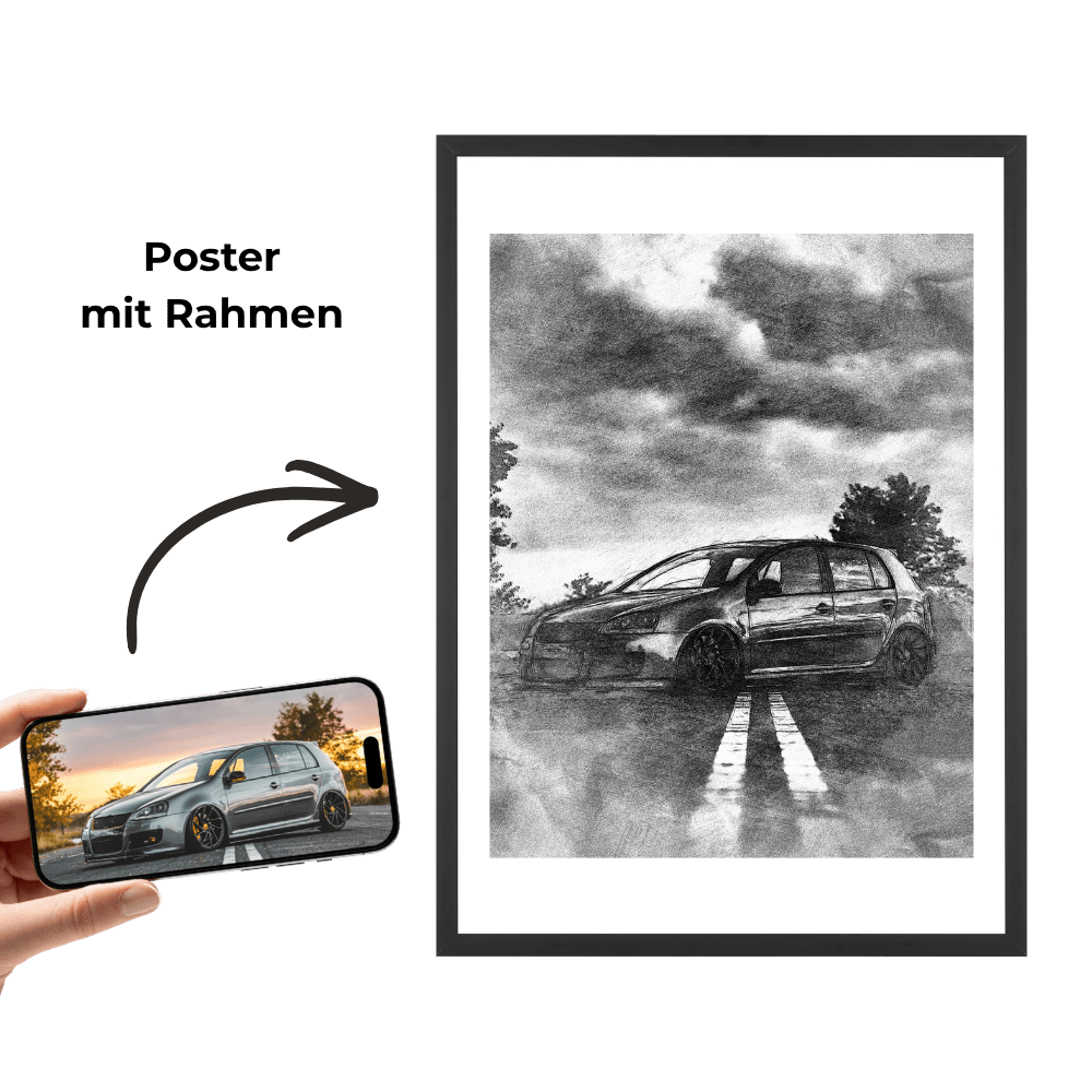 Poster-Wandbild mit gezeichnetem Auto in Schwarzweiß, mit Rahmen