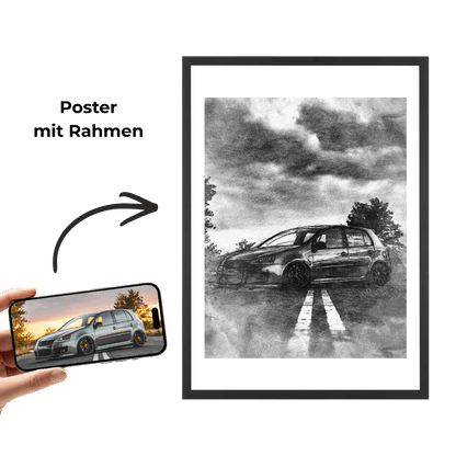 Poster-Wandbild mit gezeichnetem Auto in Schwarzweiß, mit Rahmen