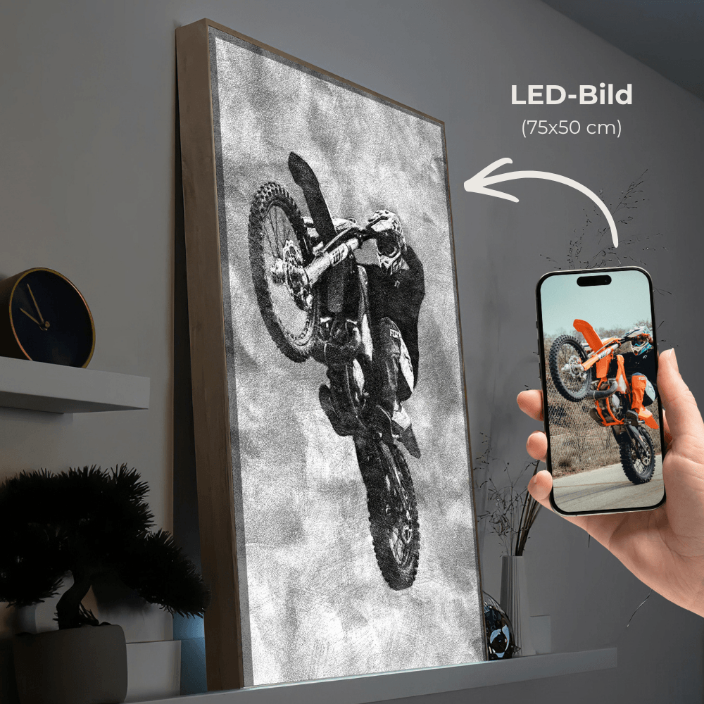 LED-Bild: Wandbild mit gezeichneter Motorrad-Silhouette in Schwarzweiß, hochkant