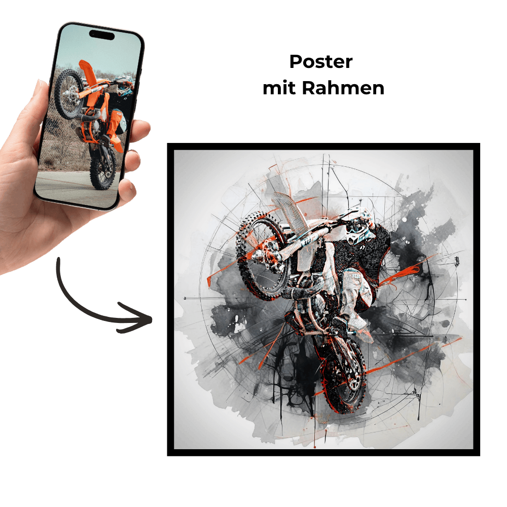 Motorrad-Wandbild im Rahmen: abstrakte Motorradgrafik auf hellem Hintergrund
