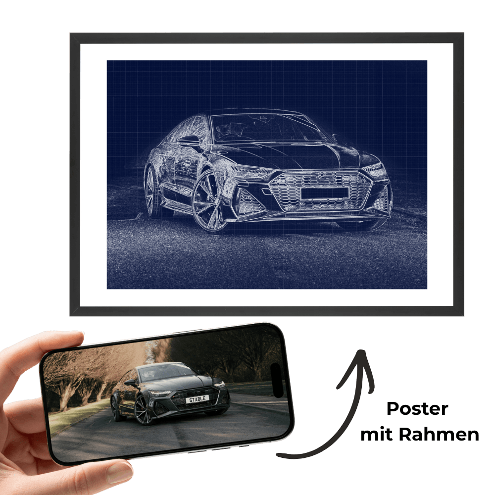 Gerahmtes Poster-Wandbild mit blauem Auto-Blueprint, Frontansicht