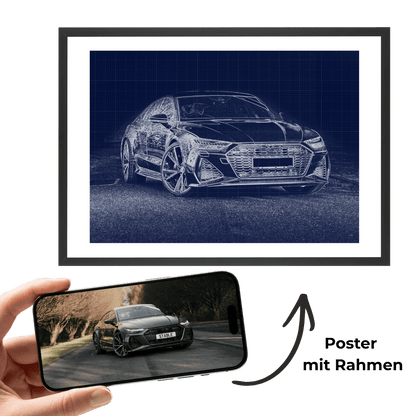Gerahmtes Poster-Wandbild mit blauem Auto-Blueprint, Frontansicht