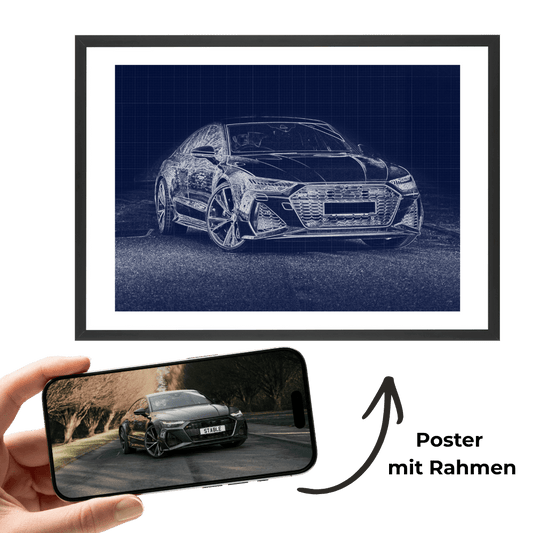 Gerahmtes Poster-Wandbild mit blauem Auto-Blueprint, Frontansicht
