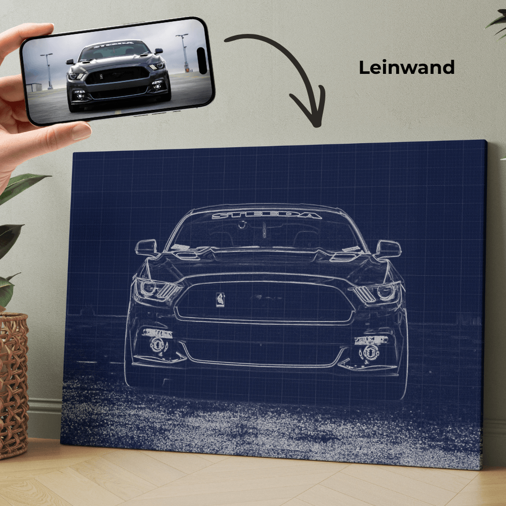 Leinwand-Wandbild mit blauem Fahrzeug-Blueprint, Frontansicht eines Sportwagens