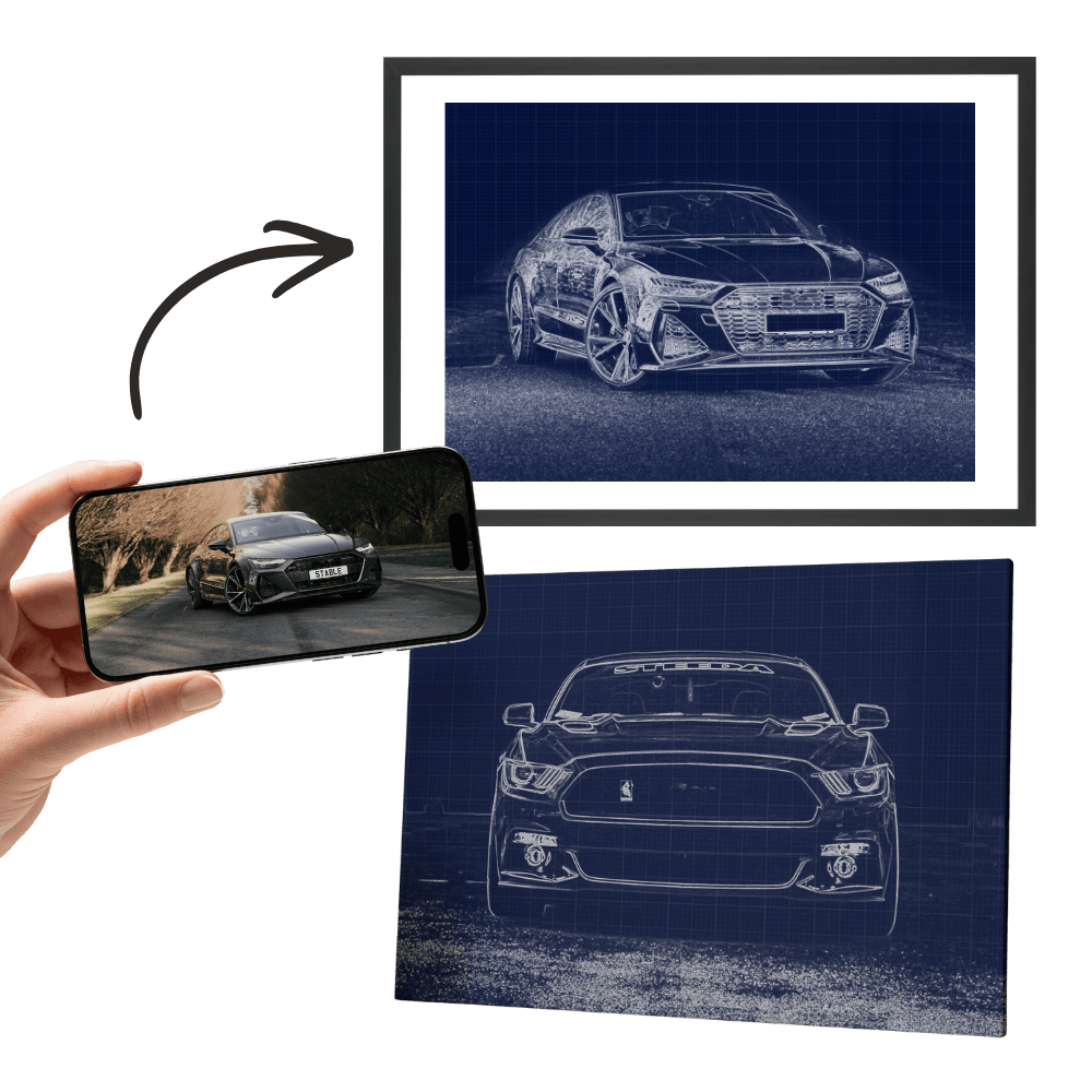 Gerahmtes Auto-Wandbild mit blauer Bauplan-Illustration; Handy-Ansicht daneben