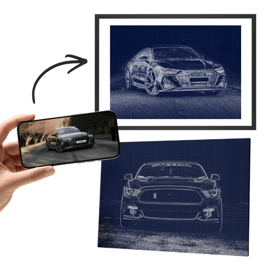 Gerahmtes Auto-Wandbild mit blauer Bauplan-Illustration; Handy-Ansicht daneben
