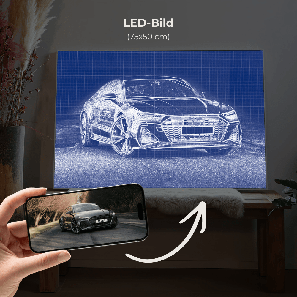 Gerahmtes Auto-Wandbild mit blauer Bauplan-Illustration; Handy zeigt Sportwagen-Foto