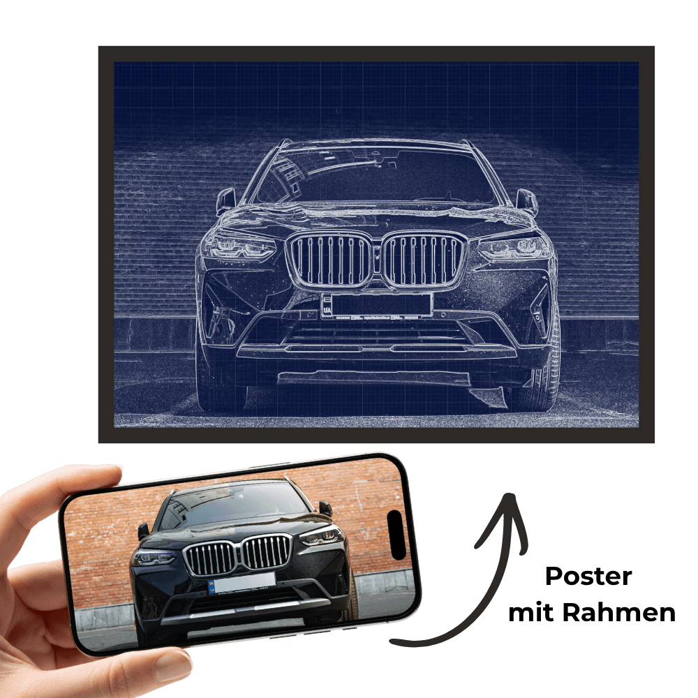 Gerahmtes Auto-Wandbild mit blauem Front-Bauplan; Handy zeigt Fahrzeug von vorn