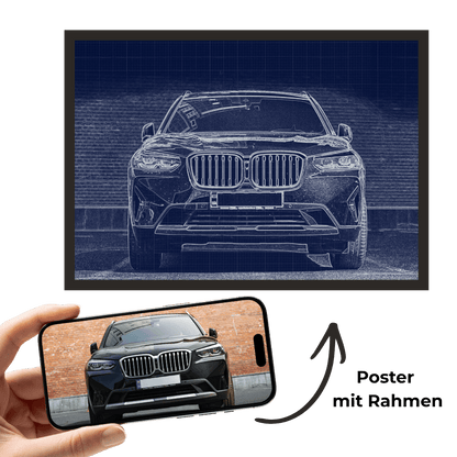 Gerahmtes Auto-Wandbild mit blauem Front-Bauplan; Handy zeigt Fahrzeug von vorn