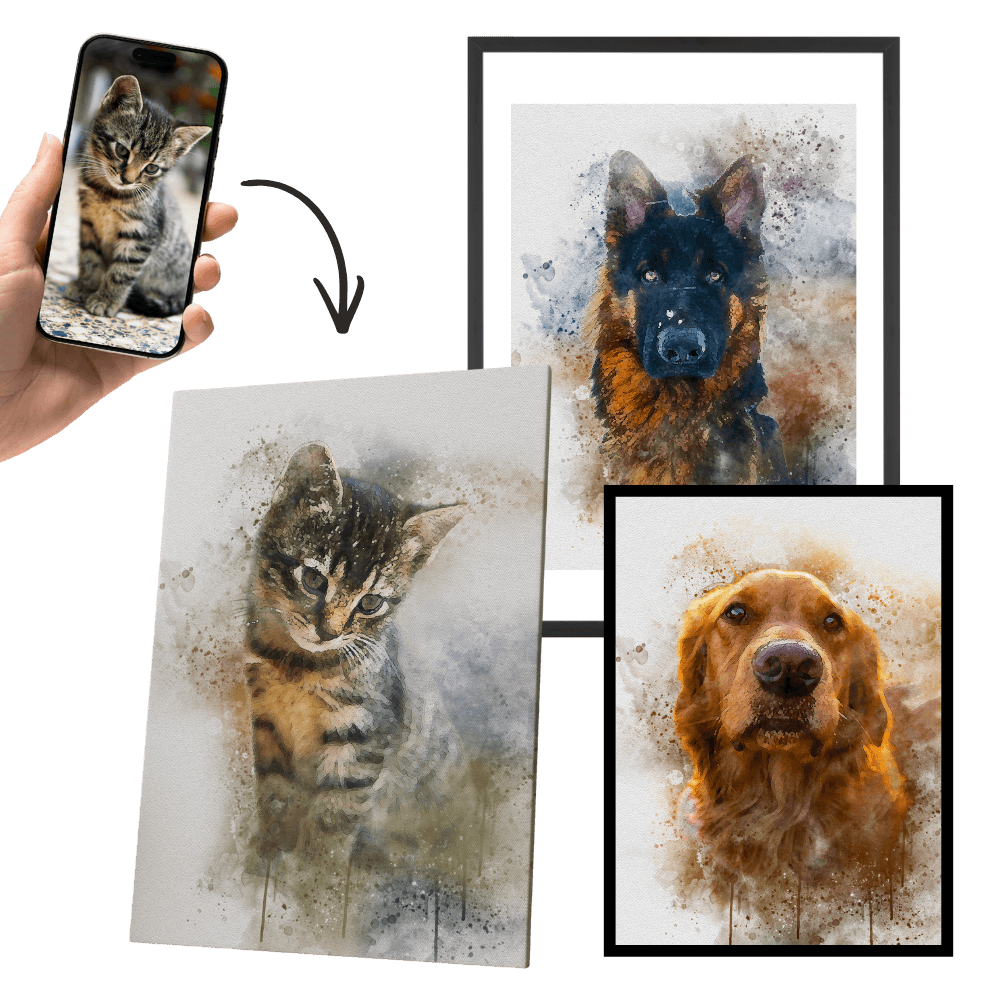 Mehrteilige Aquarell-Tierbilder mit Katze und Hund im Spritzstil