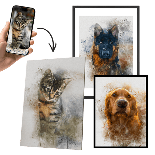 Mehrteilige Aquarell-Tierbilder mit Katze und Hund im Spritzstil
