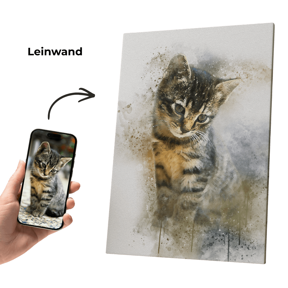 Leinwandbild mit Aquarell-Katzenmotiv und Spritzfarbe