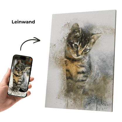 Leinwandbild mit Aquarell-Katzenmotiv und Spritzfarbe