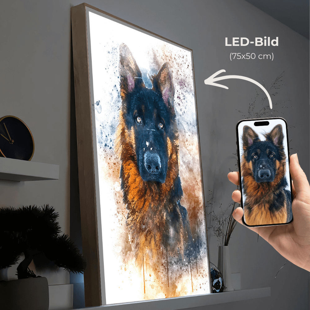 Gerahmtes LED-Wandbild mit Aquarell-Schäferhund-Motiv