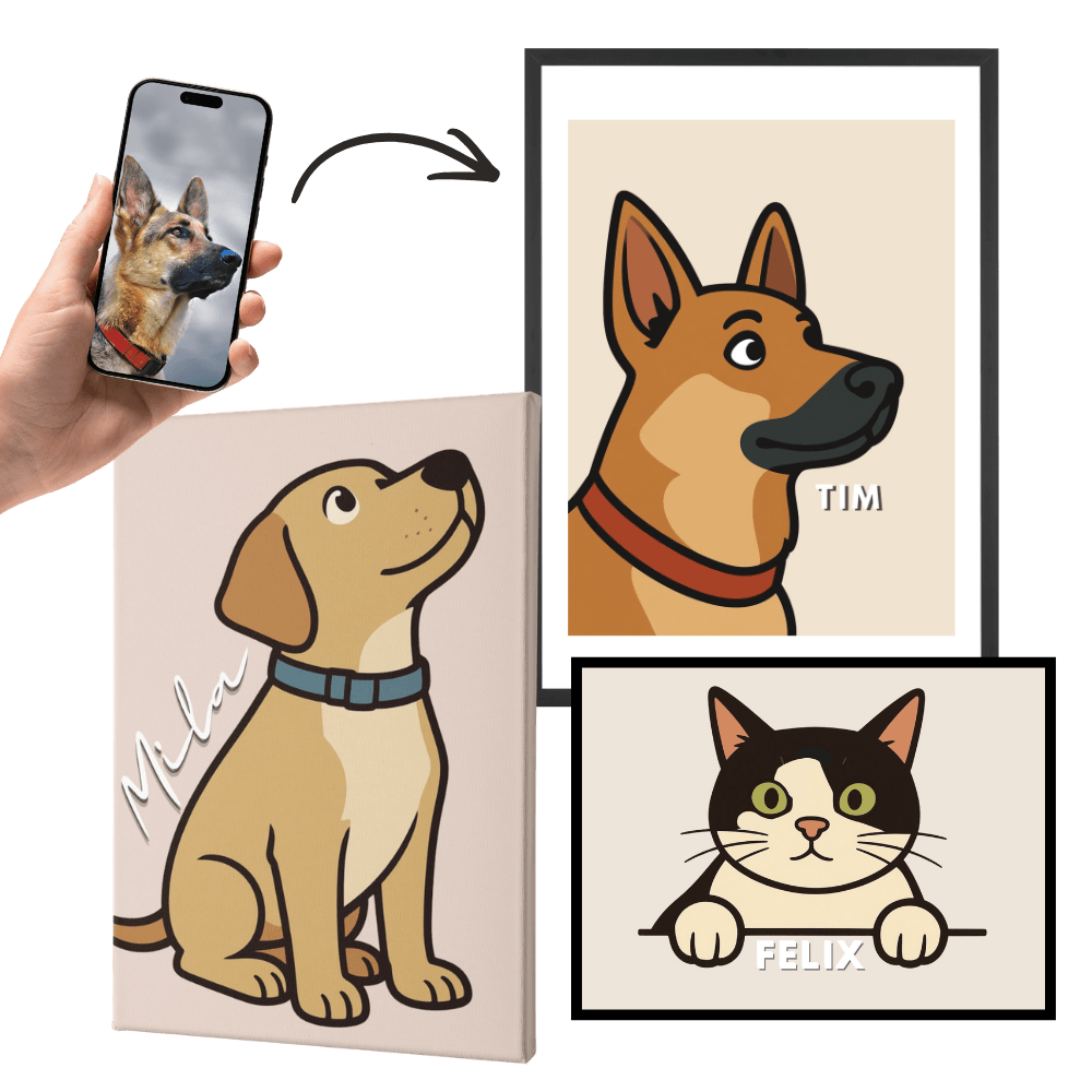 Wandbild-Set mit Cartoon-Hund TIM und Cartoon-Katze FELIX, gerahmt und Leinwand