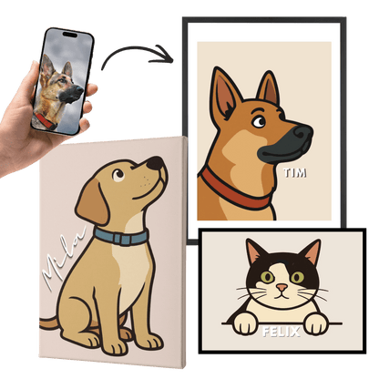Wandbild-Set mit Cartoon-Hund TIM und Cartoon-Katze FELIX, gerahmt und Leinwand