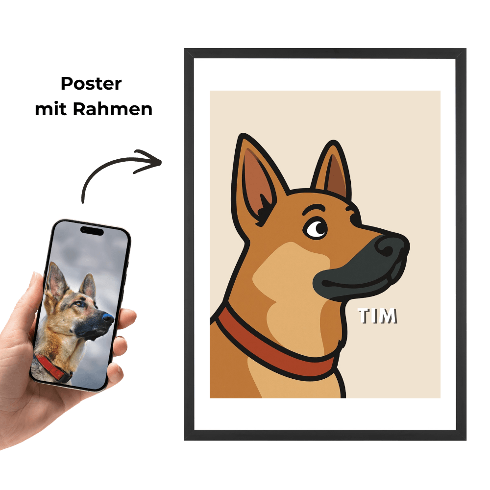 Poster mit Rahmen: Cartoon-Hund TIM mit braunem Fell und blauem Halsband