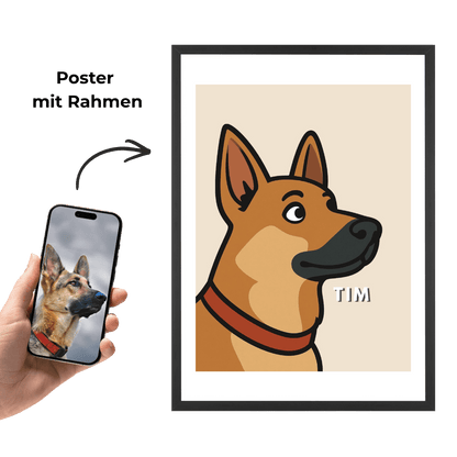 Poster mit Rahmen: Cartoon-Hund TIM mit braunem Fell und blauem Halsband