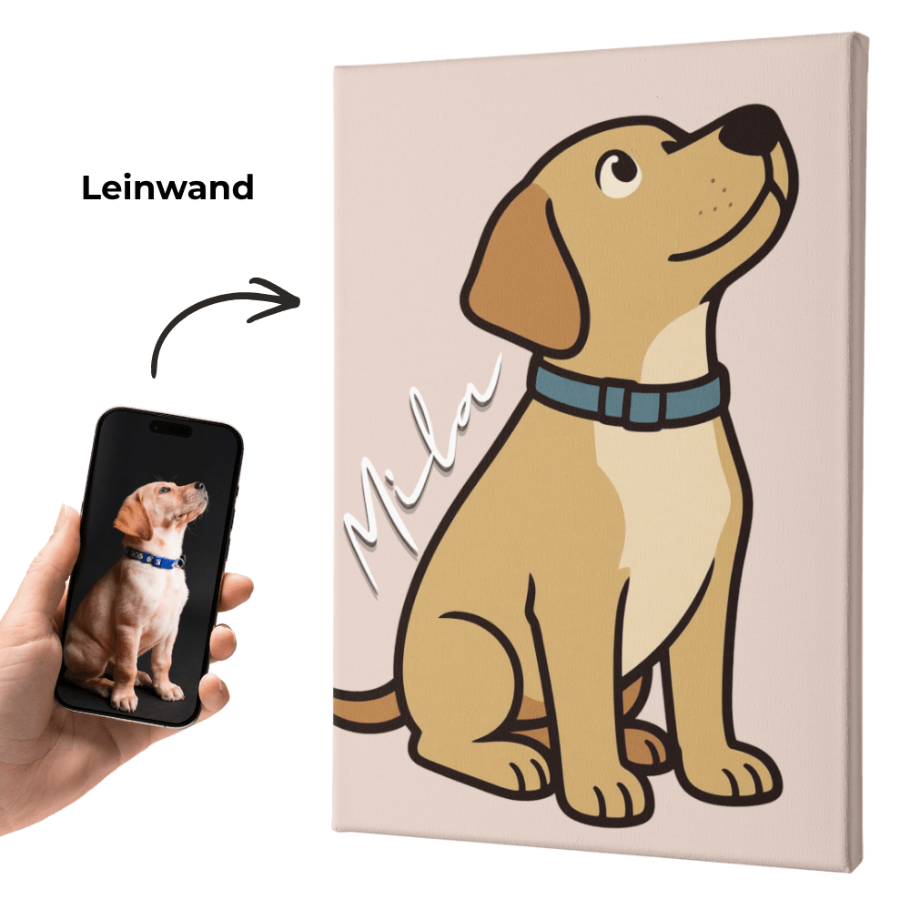 Leinwand-Wandbild mit Cartoon-Hund in Braun und blauem Halsband