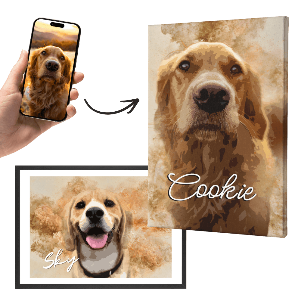 Set aus Wandbildern: Leinwand und gerahmtes Poster mit Hundeporträts „Cookie“ und „Sky“