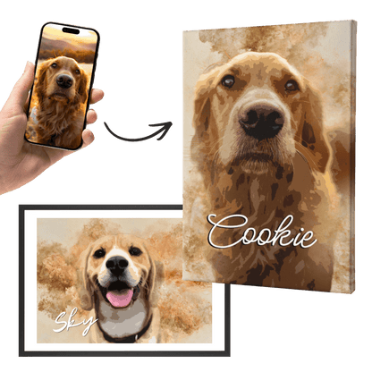 Set aus Wandbildern: Leinwand und gerahmtes Poster mit Hundeporträts „Cookie“ und „Sky“