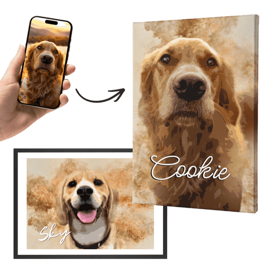 Set aus Wandbildern: Leinwand und gerahmtes Poster mit Hundeporträts „Cookie“ und „Sky“