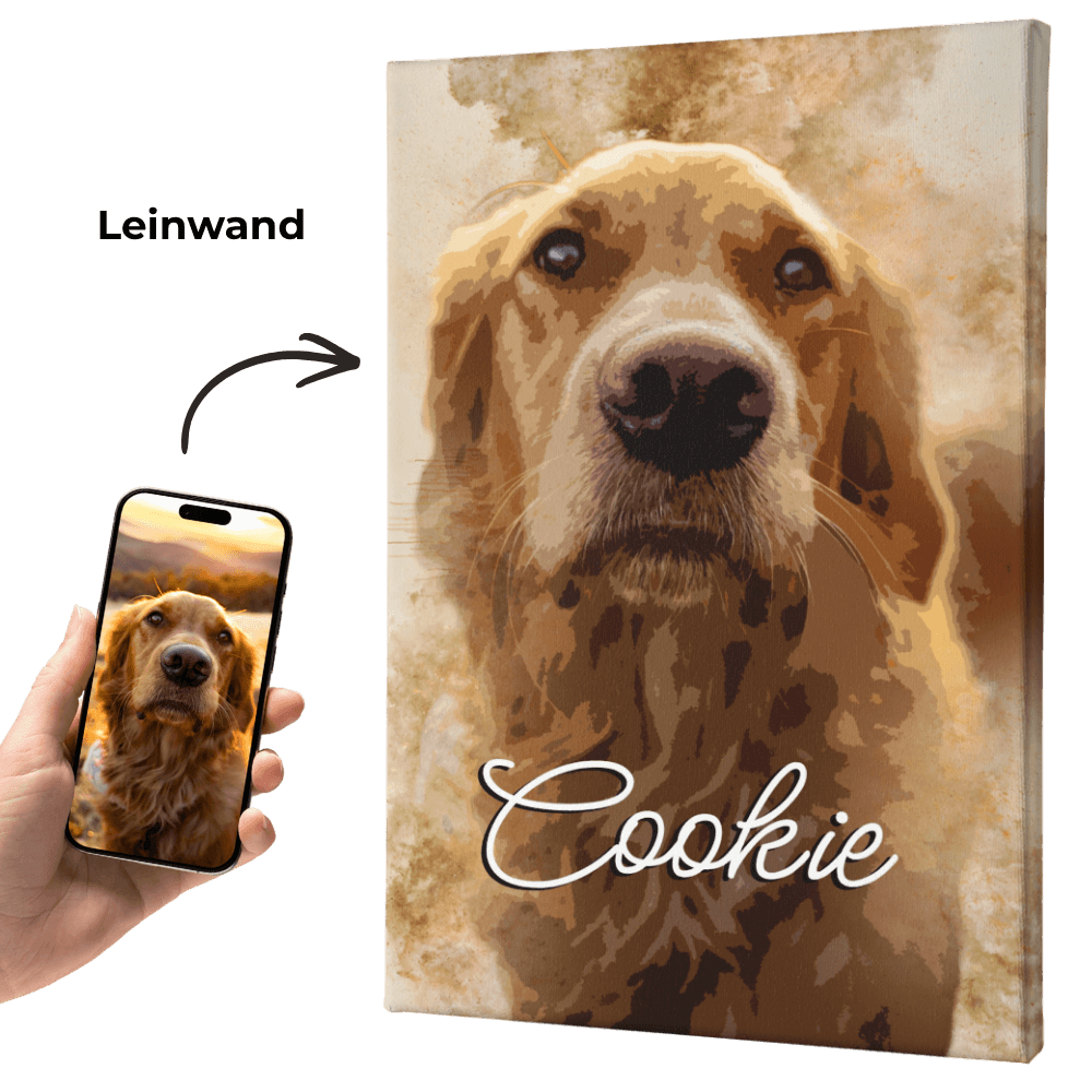 Personalisertes Wandbild auf Leinwand mit braunem Hundeporträt und Name „Cookie“