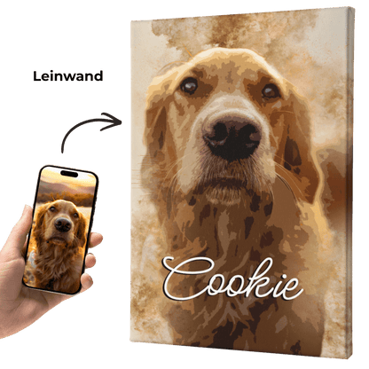 Personalisertes Wandbild auf Leinwand mit braunem Hundeporträt und Name „Cookie“