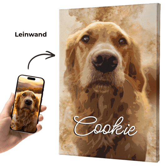 Personalisertes Wandbild auf Leinwand mit braunem Hundeporträt und Name „Cookie“