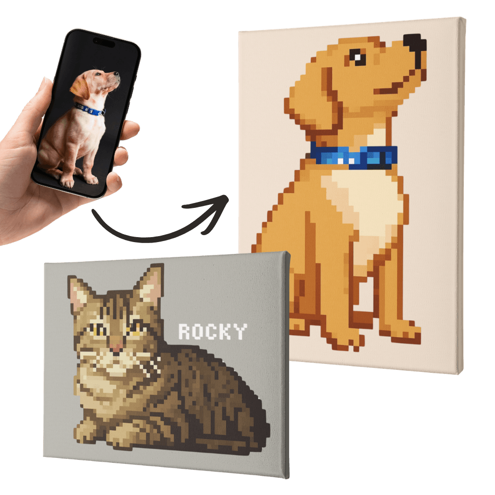 Zwei Leinwandbilder mit pixelartigem Hund und Katze, personalisiertes Haustier-Wandbild