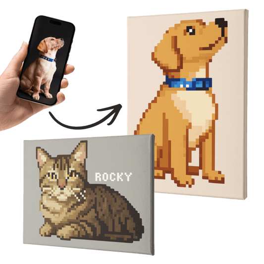 Zwei Leinwandbilder mit pixelartigem Hund und Katze, personalisiertes Haustier-Wandbild