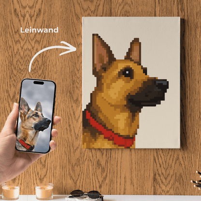 Pixelart-Leinwand mit Hund im Profil, personalisiertes Haustier-Wandbild