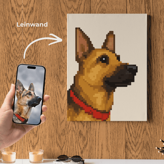 Pixelart-Leinwand mit Hund im Profil, personalisiertes Haustier-Wandbild