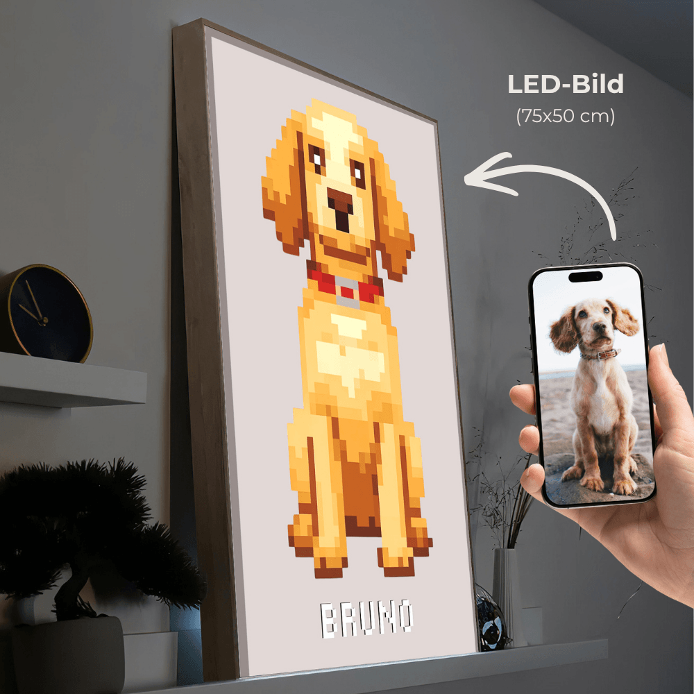 Gerahmtes Pixelart-Wandbild mit Hund, Name BRUNO