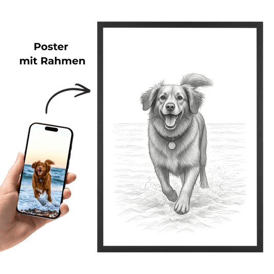 Gerahmtes Poster mit Zeichnung eines laufenden Hundes, personalisierbar