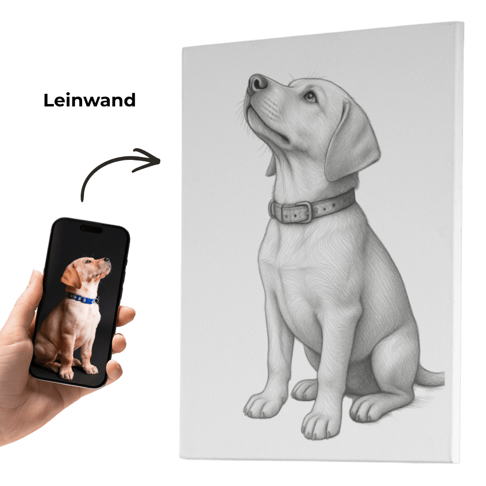 Leinwand-Wandbild mit sitzendem Hund im Bleistiftstil, personalisiert