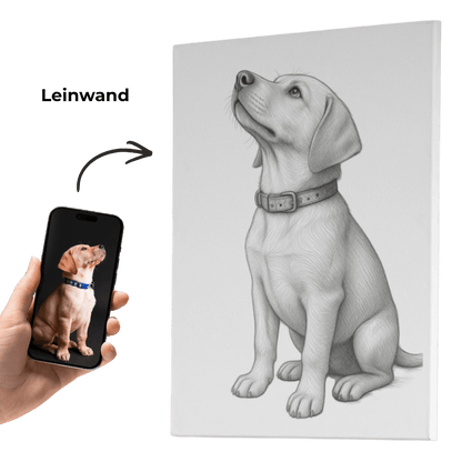 Leinwand-Wandbild mit sitzendem Hund im Bleistiftstil, personalisiert