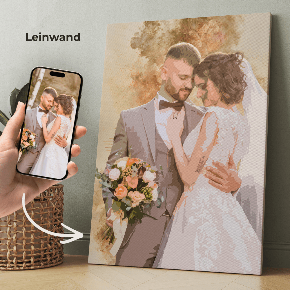 Personalisiertes Wandbild im Hochformat mit Brautpaar und Brautstrauß