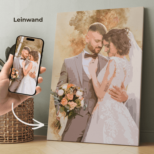 Personalisiertes Wandbild im Hochformat mit Brautpaar und Brautstrauß
